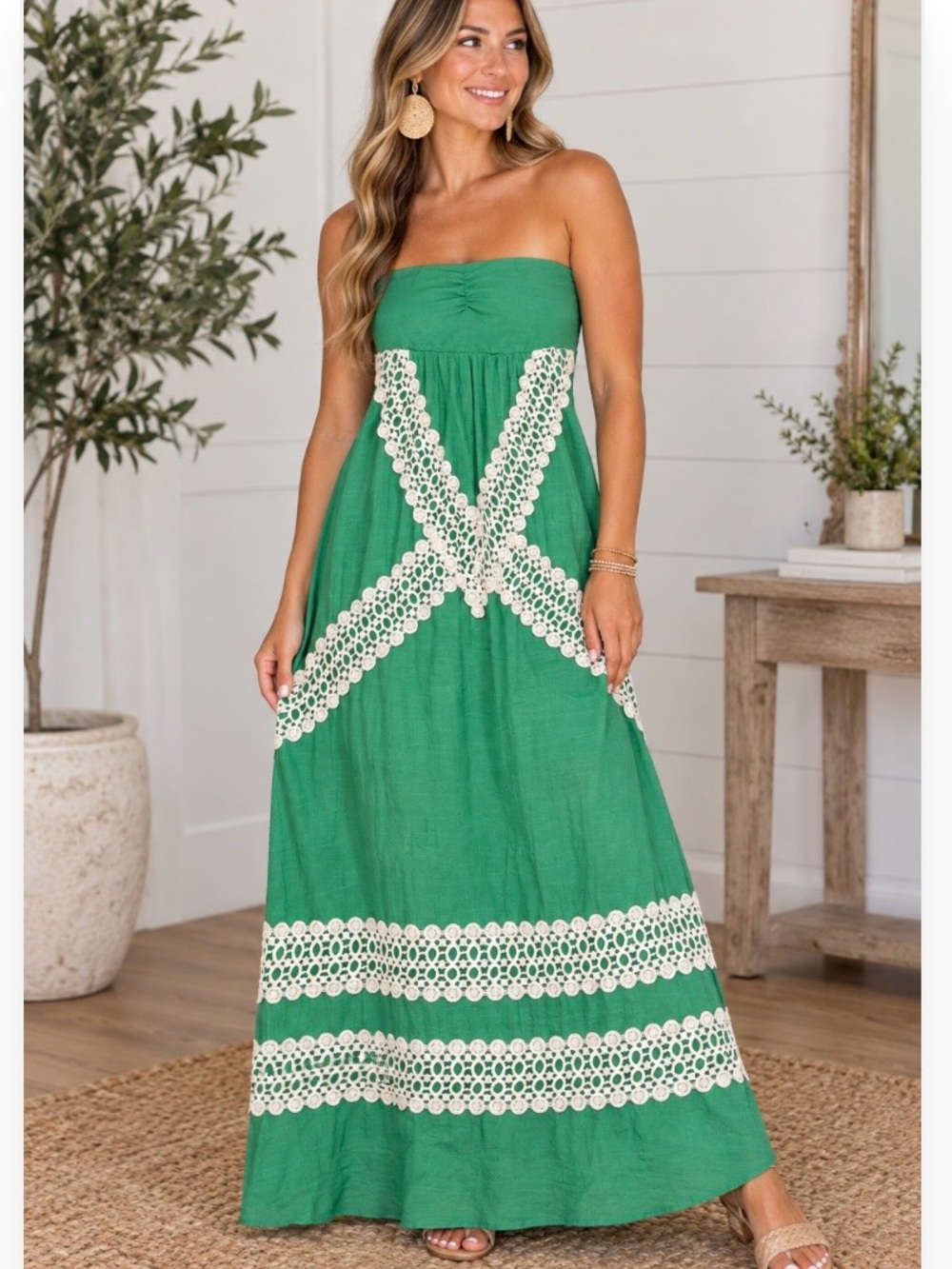 Judith March Green Strapless Maxi Dress with White Crochet